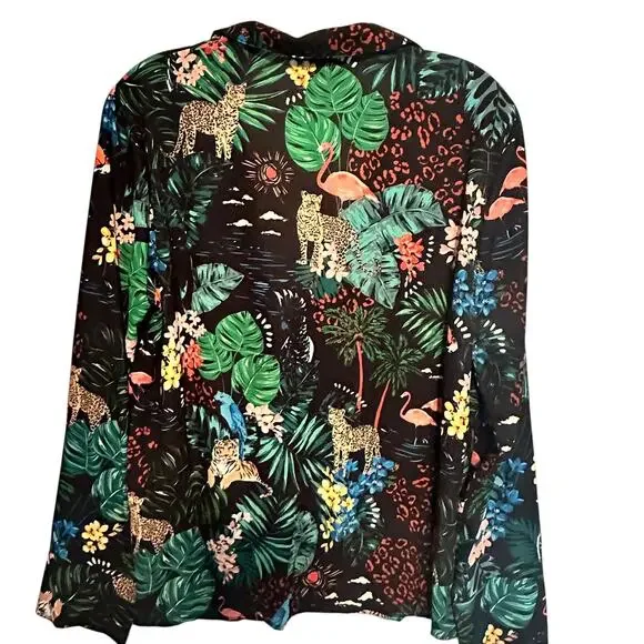 RESA Jungle Blazer Top Womens Medium Black Leopard Toucan Flamingo Floral Topper - Picture 3 of 8